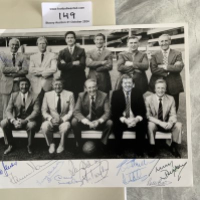 Tottenham 1961 Fully Signed Reunion Football Photo: Famous double winning team large photo signed by 10 to border and a further 2 to their picture. Includes Blanchflower Norman Dyson Henry Smith Marchi Allen Jones Medwin Baker and Mackay. Personally obtained by vendor who used to arrange dinners in their honour.