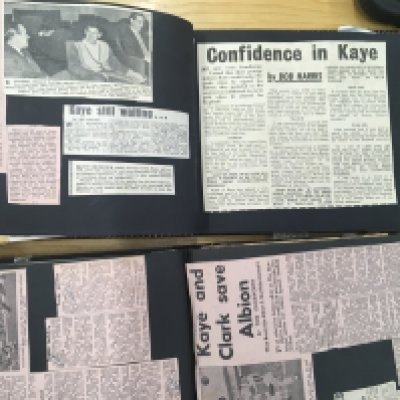 John Kaye West Brom Personal Football Scrapbooks: Superb history of the great player in his own scrapbook starting with kids team groups whilst at Goole and at school. Lots of West Brom cuttings often with Kaye in the headline. Some nice press photos included. (2 albums)