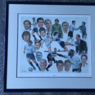 Tottenham Limited Edition Framed Football Print: Produced in the 90s limited edition number 109/500. Depicts famous players managers and even Alan Sugar. Formerly the property of John Motson. Measures 28 x 25 inches and is not for posting.