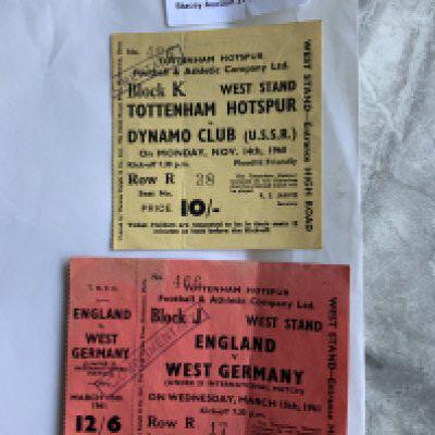 Tottenham 60/61 Home Football Tickets: Friendly v Moscow Dynamo and an unused England v West Germany under 23 played at Spurs in the double season. Good with fold. (2)