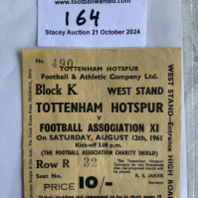 1961 Tottenham v FA X1 Charity Shield Football Ticket: Played on 12 8 1961 after Spurs had won the double. Very good with fold.