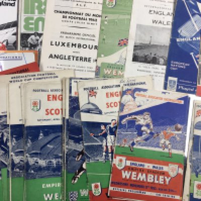 England International Football Programmes: Aways include tournament in Finland 1985, Ireland 1973, Luxembourg 1960 writing. The rest are mainly 50s and 60s homes. Mainly good although 49 v Scotland has punch holes. (42)