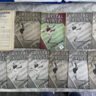 1940s Crystal Palace Home Football Programmes: 45/46 Reading, 47/48 QPR, Swindon, Bournemouth, Torquay punch holes, 48/49 Bristol Rovers, Port Vale punch holes, Newport, Exeter, Brighton and 49/50 Newport. Mixed conditions. (11)