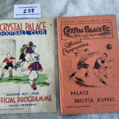 37/38 Crystal Palace v QPR Football Programme: Fair condition with light staining but no team changes. C/W 34/35 Crystal Palace v Bristol Rovers which is very good until a page inside has been stuck together and has tears where attempts were made to pull apart. (2)