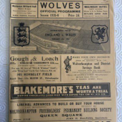 1936 England v Wales Football Programme: Very good condition played at Wolves. No team changes. Number in top corner and score on team page.
