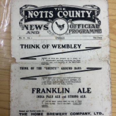 1923 - 1924 Notts County v Cardiff City Football Programme: League match dated 22 3 1924 has no team changes. A hole the size of a 5p where staple used to be with a fold and a few small tears to edge.