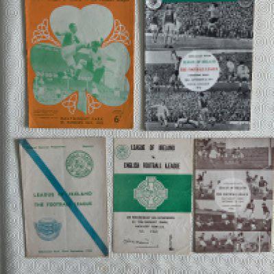 Irish League v English League Football Programmes: All but one played at Dalymount Park to include 53 54 56 67 and 71. Good. (5)