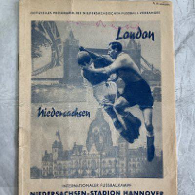 1954 N/W Germany v London Football Programme: Dated 29 9 1954 and billed as Niedersachsen v London in Hannover. Some great players representing London including players from West Ham Chelsea Charlton Tottenham and Arsenal. Autograph to cover but poor inside with tears and tape.