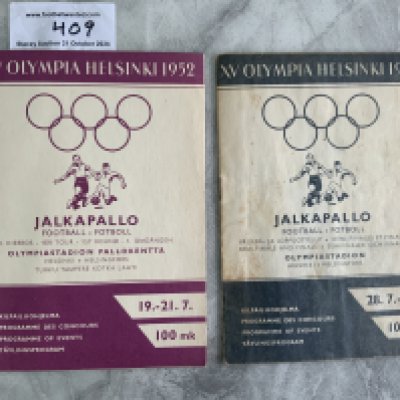 1952 Olympic Football Programmes: Hungary were the winners and best team by far and were invited by Stanley Rous to play at Wembley the next year. The 1st programme is excellent and covers 1st round matches with Yugoslavia v Russia teams filled out and other matches like Gt Britain v Luxembourg just have result filled. Second programme has light staining and covers the semi finals and final with pencilled changes of Yugoslavia v Germany. (2)