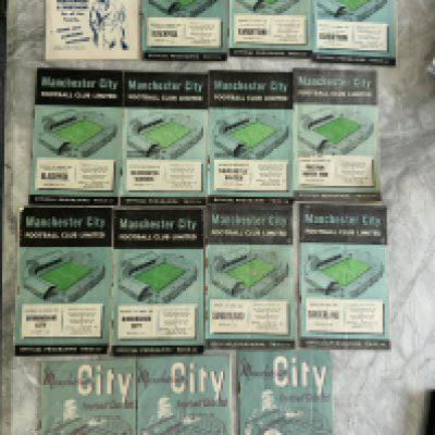 1950s Manchester City Home Football Programmes: 51/52 Bolton, 54/55 Arsenal, Newcastle. A further 10 from the FA Cup winning season of 55/56. Some duplication. Rusty staples. (15)