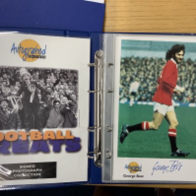 Autographed Editions Signed Football Cards: Large cards in original folder with COA covering all photos. Includes the hard to obtain George Best plus Banks Bonetti Chivers Cohen Hunt Hurst Lofthouse MacDonald Shilton T Smith Stiles and Wilson. (13)
