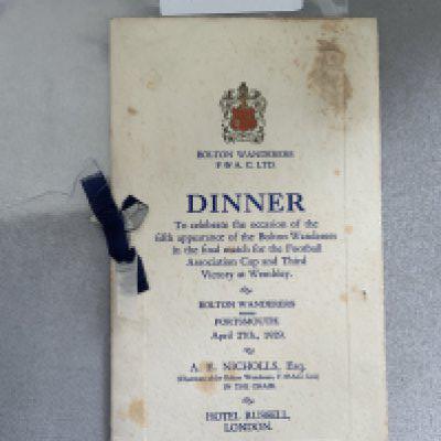 1929 Bolton Wanderers FA Cup Final Football Menu: Held the evening of the victorious win over Portsmouth. Blue and white ribboned menu has staining plus pencilled notes inside.
