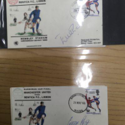 Manchester United 1968 Signed ECF First Day Covers: European Cup final first day covers with postmark of 29 5 1968 the day of the match. All 4 signed are signed by an individual and Include Charlton Best Busby and Benfica star Eusebio. (4)