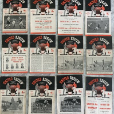 Manchester United 54/55 Home Football Programmes: Includes 4 page Reading FA Cup replay plus Blackpool Newcastle Charlton and 2 x Everton. Mainly good with Burnley poor. (12)