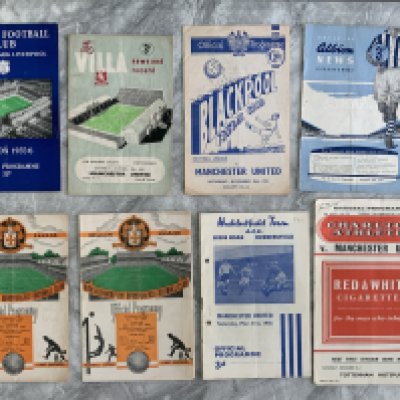 Manchester United 55/56 Champions Away Football Programmes: Everton Aston Villa Blackpool West Brom Wolves all good with a further Wolves Charlton and Huddersfield in lesser conditions. (8)