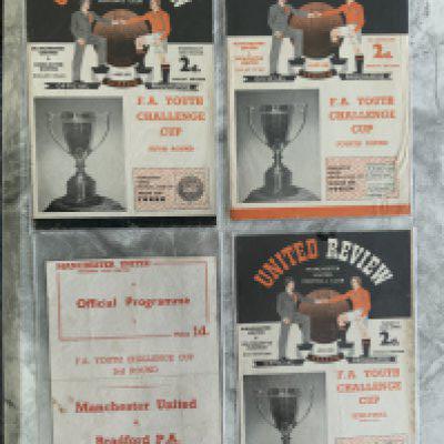 Manchester United 1950s Youth Cup Football Programmes: Home programmes v 53/54 Bradford Park Avenue, 57/58 Newcastle tm, Doncaster, Wolves semi final. Good. (4)