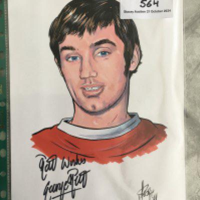 George Best Manchester United Signed Artwork: A4 Phillip Neill card of George Best in Manchester United kit. Hand signed Best Wishes clearly without dedication.