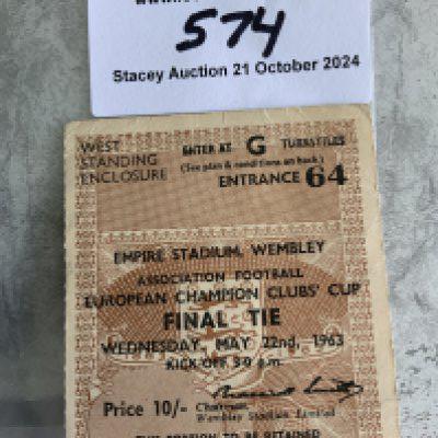 1963 European Cup Final Football Ticket: Benfica v AC Milan at Wembley in good condition with a couple of minor creases at corners.