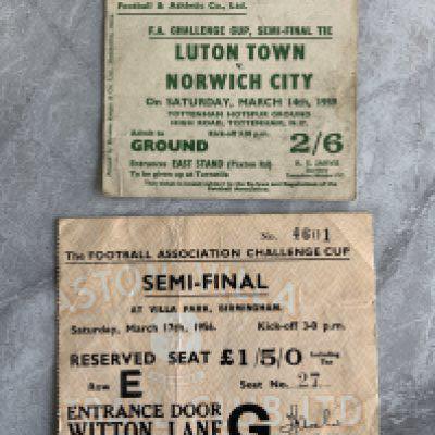 1956 + 1959 FA Cup Semi Final Football Tickets: 1956 Manchester City v Tottenham at Aston Villa and 1959 Luton v Norwich at Tottenham. Fair/good condition with folding. (2)