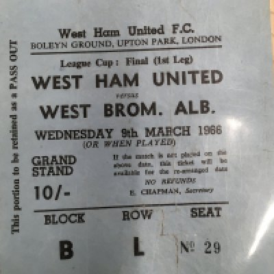 1966 League Cup Final Football Ticket. West Ham v WBA dated 9 March 1966. Played At Upton Park in the last season of two leg finals before they were played at Wembley. Good after professional repair.