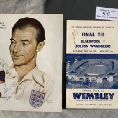 1953 Blackpool FA Cup Final Football Memorabilia: Final programme in very good condition v Bolton signed to cover by Stanley Matthews and inside by Bolton Holden. C/W a large full page magazine picture depicting Matthews in England kit which is also clearly signed without dedication and a newspaper tribute following his death in 2000. (3)