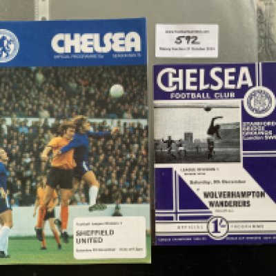 Chelsea Reproduction Postponed Football Programmes: Superb lifelike quality of rare home programmes that were postponed and almost impossible to find. 67/68 Wolves dated 9 12 1967 and 74/75 Sheffield United dated 23 11 1974. (2)