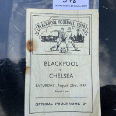 47/48 Blackpool v Chelsea Football Programme: Stanley Matthews debut match for Blackpool. Staple has rusted away leaving hole and there is a rust mark to front.