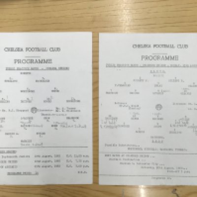 1960 + 1962 Chelsea Practice Match Football Programmes: 1960 Blues v Reds dated 15/8/60 and and two sided 1962 which has Seniors one side and Juniors the other dated 13/8/62. Both single sheets very good with pencilled team changes. (2)
