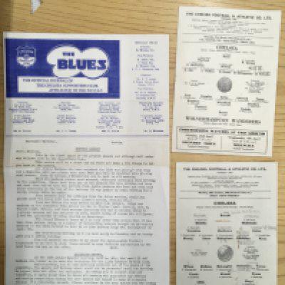 Chelsea The Blues Early 60s Supporters Club Memorabilia: The Blues supporters club journal Volume 10 numbers 2 to 7 inclusive plus a long sheet for Sep/Oct 61 of the harder to obtain magazine. C/W from 61/62 home programmes v Morton fair and Wolves Youth Cup semi final good. Included is a 60/61 Supporters Club balance sheet. (10)