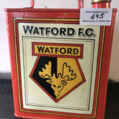 Watford Retro Old Petrol Can For Man Cave: Very old petrol can painted orange with Watford logo to whole of front. Whilst revamped around 10 years ago these 11 inch high old cans would be a great talking point in a bar or man cave.