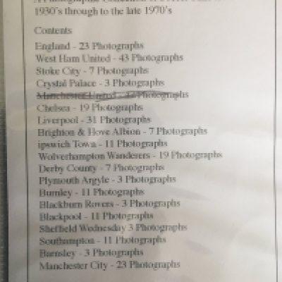 Old Football Photo Collection: Home made postcard sizes mainly in black and white with photos of players from the 39s through to the 70s. Full list of breakdown with online pictures. Includes England x 23 West Ham x 43 Chelsea x 19 Liverpool x 31 Wolves x 19 Burnley x 11 Manchester City x 23 and many more. (238)