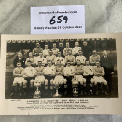 Glasgow Rangers 33/34 Football Team Group Postcard: Squad pictured with 3 cups with title stating Rangers FC Scottish Cup Team. Good condition with unwritten back.