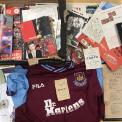 Football Memorabilia Box: West Ham shirt, Newspapers, Team sheets, Menus, Badges, Scrapbooks, Fixtures Lists and more.