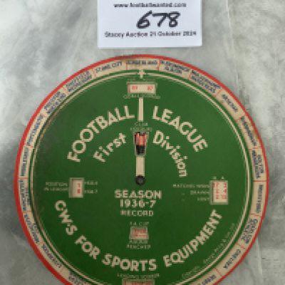 36/37 League Statistics First Division Football Disc: Co-op stores advert one side and incredible twistable information on the other covering all first division teams. If you twist it around to your team it states where you finished in the league, highest scorer, how many points, matches won drawn and lost, goal difference and even what round you got knocked out of the FA Cup. Particularly suit Manchester City (Champions) or Sunderland (FA Cup Winners) collector.
