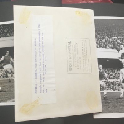 Arsenal Football Press Photo Collection: Two large scrapbooks with over half 10 x 8 inch press photos stuck in from the 60s right up to the double season of 70/71. Peeled a few back to reveal press stamps. 96 press photos. C/W a framed display of replica tickets from the 1971 FA Cup run.