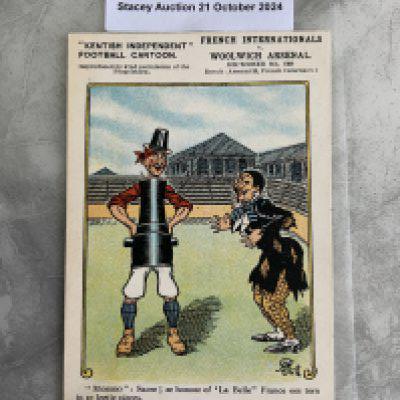 1904 Woolwich Arsenal v France Football Postcard: Cartoon postcard titled French Internationals v Woolwich Arsenal issued by the Kentish Independent. Arsenal won the match by a record score of 26-1. Very good condition.