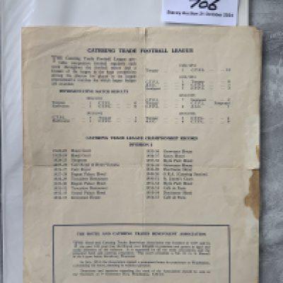 55/56 At Arsenal Catering Trade Football Final Programme: Tatty single page for a very rare programme played at Highbury. Reigning champions Cafe De Paris v Claridges. Few tears, small stain, folds and not perfectly cut by printers Tuckett.