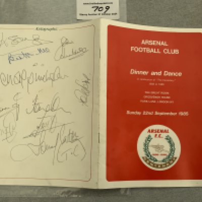 1985/86 Arsenal Signed Centenary Football Menu: Signed to rear by 10 including Jennings Mee Sansom and others.