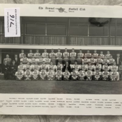 Arsenal Club Issued Football Photos: Large 63/64 staff team group, 75/76 club issue team group both black and white. C/W a 1964 squad group press photo and a 23/24 squad photo card. Excellent. (4)