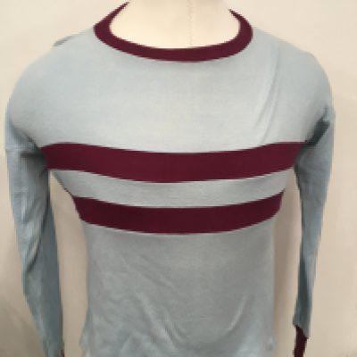 West Ham Original 1960s Football Shirt: Light blue with two 2 claret hoops which would have been around size medium. We know original buyer who had this as a young adult. Tear near neck and label completely blank now after many washes but would have stated Bukta Sports I am sure. Small mark but incredibly good for nearly 60 years old.