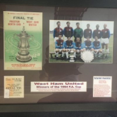 West Ham FA Cup Winning Framed Displays: Team picture programme and match ticket plus information covering the cup wins of 64 75 and 80. All 3 in matching frames with tickets believed to be original. Not for posting. (3)