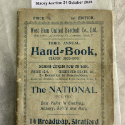 1902 - 1903 West Ham Football Handbook: Rare 58 page handbook in good condition with a tiny piece out of corner on front and back. Individual pictures of the players with some great adverts including Helliars printers who printed the handbook. Only the third handbook in their history.