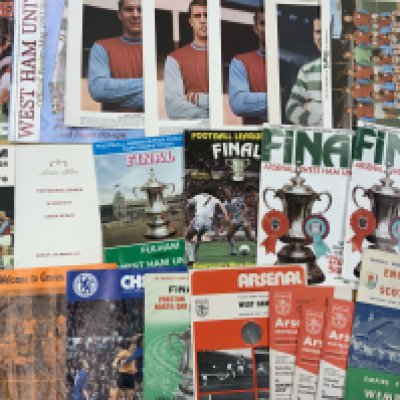 West Ham Football Memorabilia: Testimonial dinner menu for Geoff Hurst at The Hilton signed to rear by some guests including Ron Boyce Kenneth Wolstenholme and Billy Wright. C/W Typhoo tea cards of Moore Hurst and a team group. FA Cup final programmes from wins in 64 75 and 80 and more.