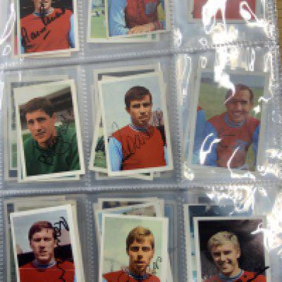 West Ham Signed Football Trade Cards: Superb collection from the 60s to the 80s collected by West Ham book writer who interviewed these players. Cards include FKS A + BC Topps Panini and others. Genuine undedicated signatures include Clyde Best Ade Coker Ron Boyce Geoff Hurst Martin Peters John Sissons Johnny Ayris and Pop Robson. (103)