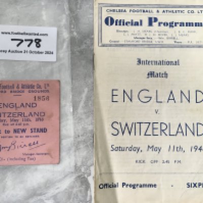 1946 England v Switzerland Football Programme + Ticket: Full International played at Chelsea. Both ticket and programme are fair/good. (2)