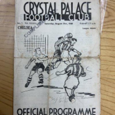 40/41 Crystal Palace v Chelsea Football Programme: Poor condition war league match dated 31 8 1940. Tears to heavy folding with writing to cover and some staining.