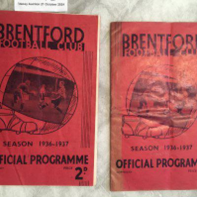 36/37 Brentford Home Football Programmes: Charlton in good condition and Arsenal with heavy folding and discolouration along spine. Both have no team changes. (2)