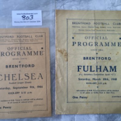 Brentford Wartime Home Football Programmes: 39/40 Fulham 30 3 1940 and 44/45 Chelsea 9 9 1944. Good. (2)