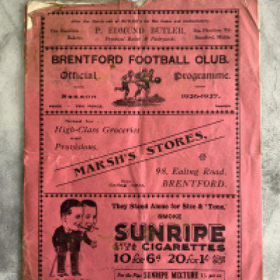 26/27 Brentford v Aberdare Football Programme: Large pink style in poor condition with no team changes. Rare chance to obtain an Aberdare Division 3 South programme which has a quarter of the back page missing. Eagle eyed buyers will note that for many years they used the same back page. Accordingly, we have a poor 28/29 in stock that could be purchased reasonably cheaply and with a back cover that an expert could affix. Buyer can contact Football Wanted.