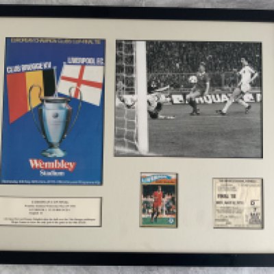 1978 Liverpool European Cup Winners Framed Display: Includes original programme ticket and press photo of Dalglish scoring the winner v Brugge at Wembley. Signed trade card of Dalglish also. Nice item.